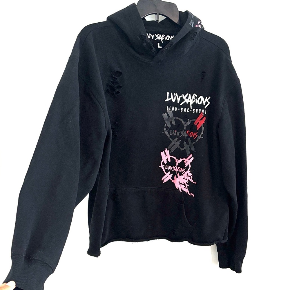 🌺Luvsations Unisex Size L Black and Pink Graphic Distressed Hoodie